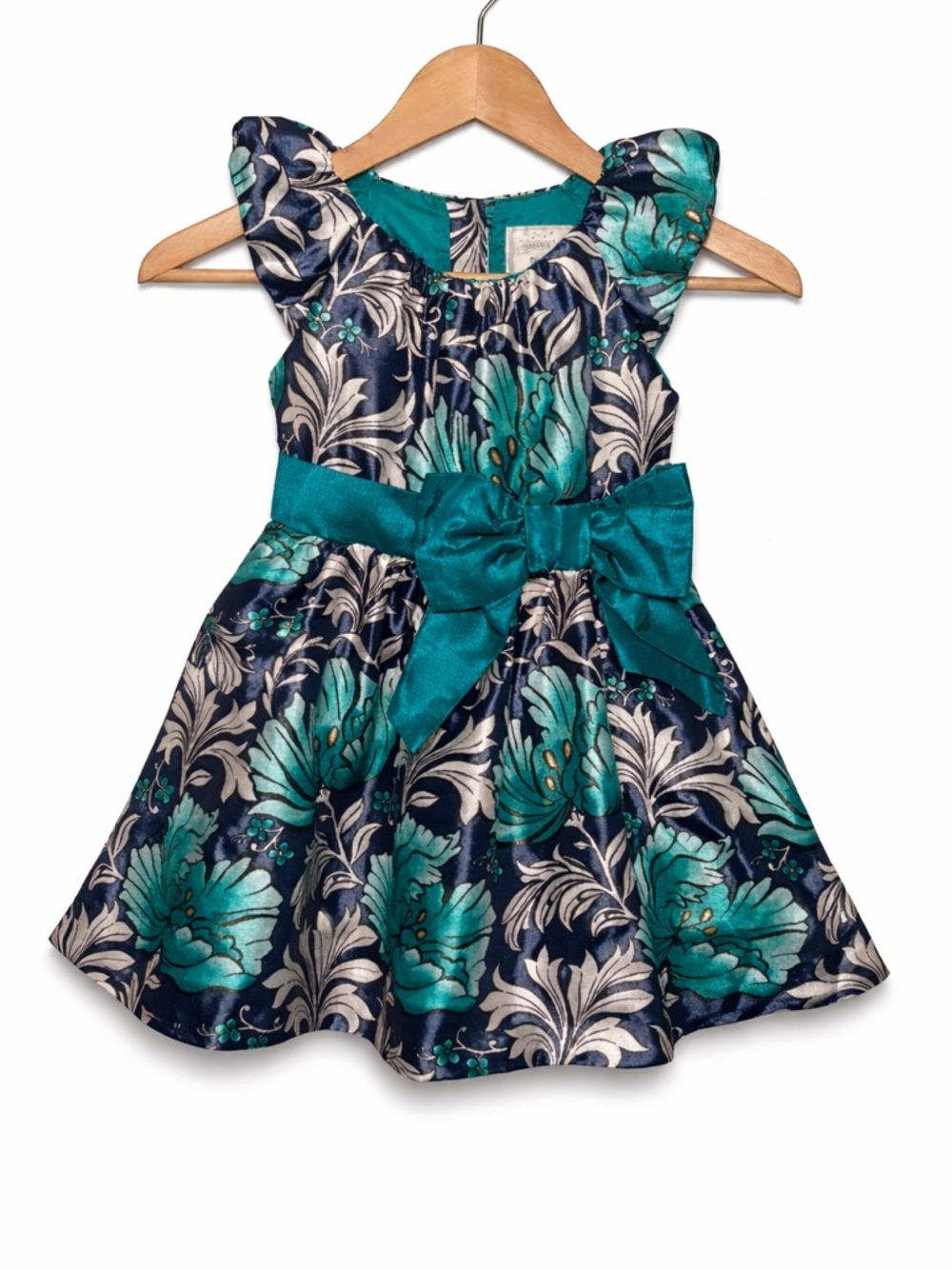 Girls Floral Party Dress Teal Navy Bow Waist Holiday Special Occasion Dress - Picture 2 of 8